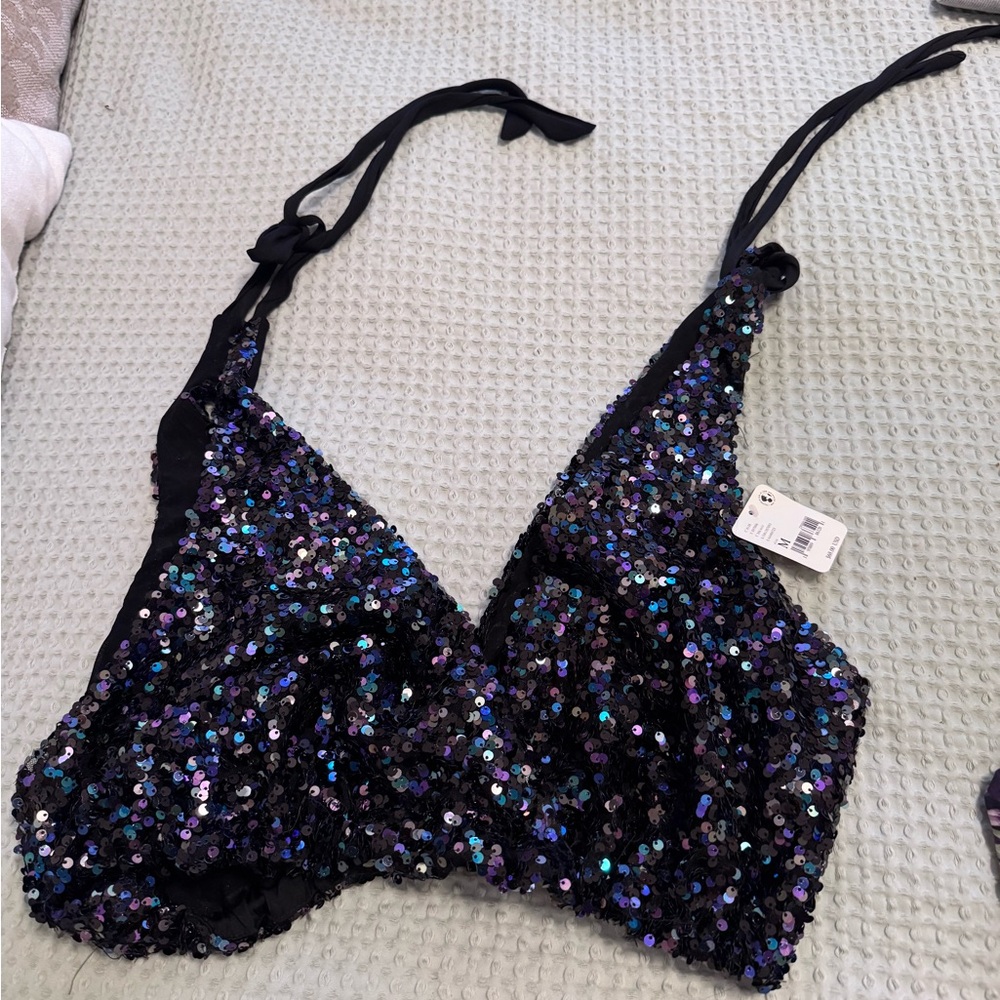 Free People Black Sequin Crop Top